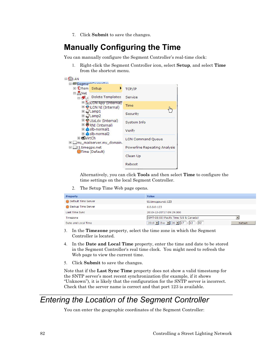 Entering the location of the segment controller, Manually configuring the time | Echelon Lumewave CRD 3000 Street Light Bridge User Manual | Page 92 / 124