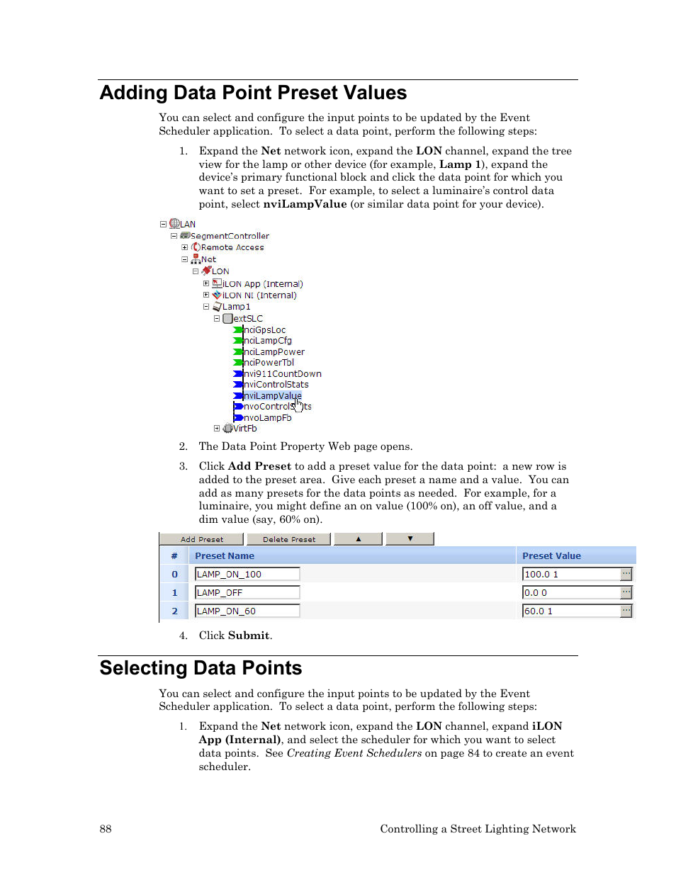 Adding data point preset values, Selecting data points | Echelon Lumewave CRD 3000 Street Light Bridge User Manual | Page 98 / 124