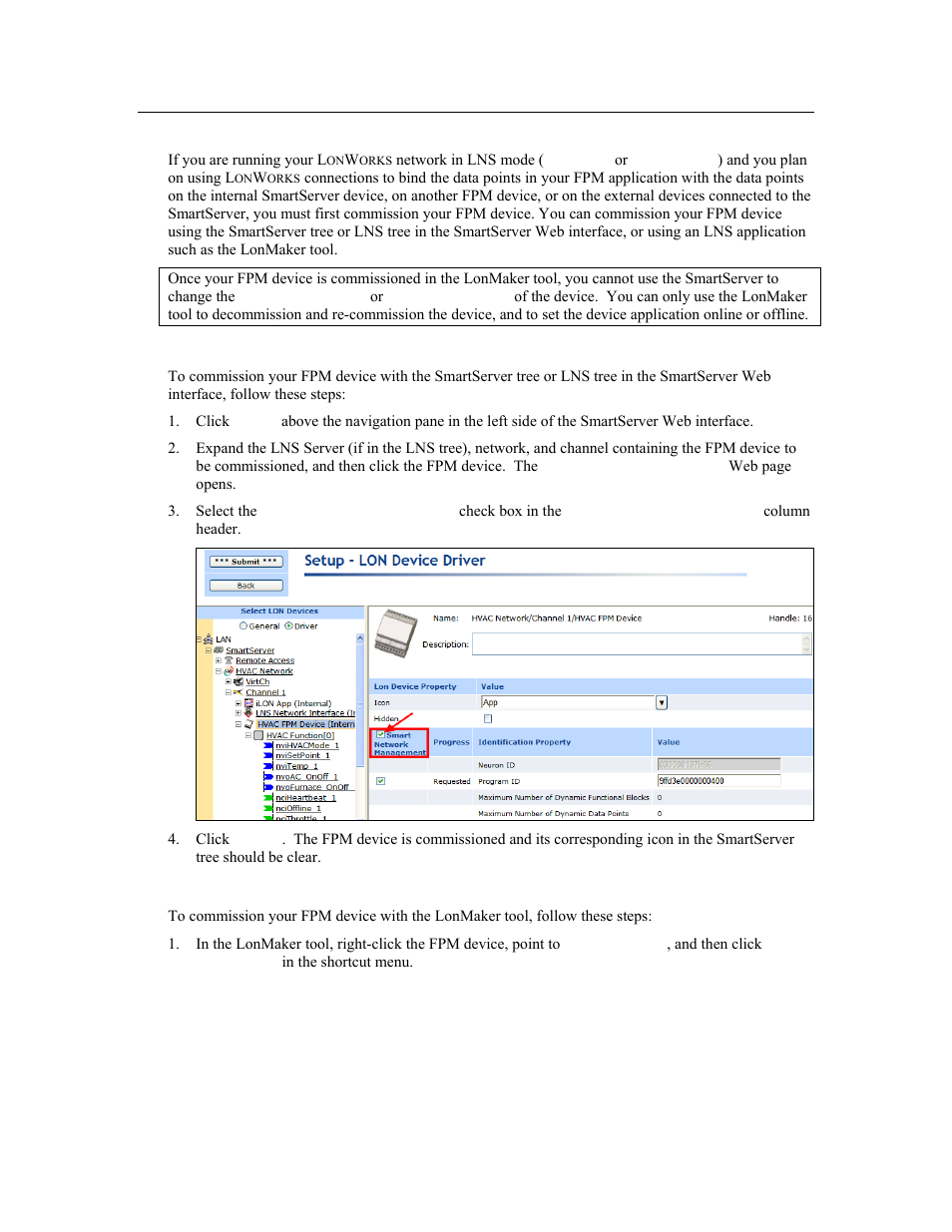 Commissioning fpm devices, Commissioning fpm devices with the smartserver, Commissioning fpm devices with the lonmaker tool | Echelon i.LON SmartServer 2.0 User Manual | Page 134 / 266