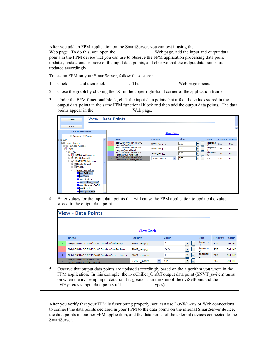 Testing fpm applications, Connecting fpm data points | Echelon i.LON SmartServer 2.0 User Manual | Page 136 / 266
