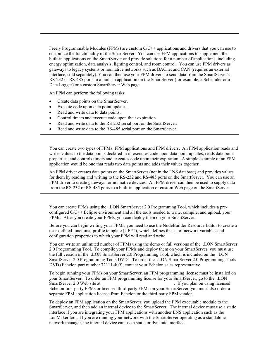 Overview of freely programmable modules, Fpm types, Creating and deploying fpms | Echelon i.LON SmartServer 2.0 User Manual | Page 16 / 266