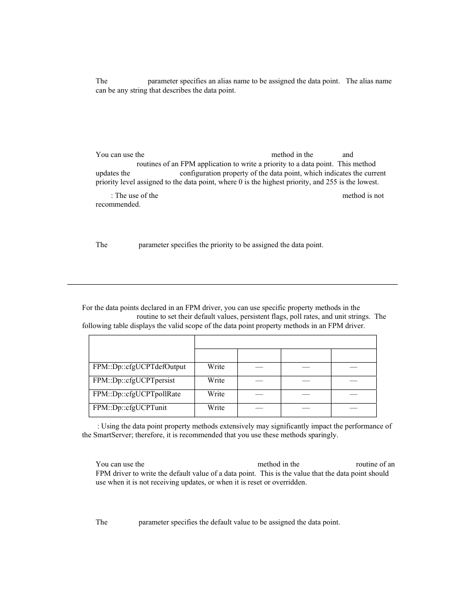 Setdpproperty (ucptpriority), Fpm driver data point property methods, Setdpproperty(defoutput) | Echelon i.LON SmartServer 2.0 User Manual | Page 230 / 266