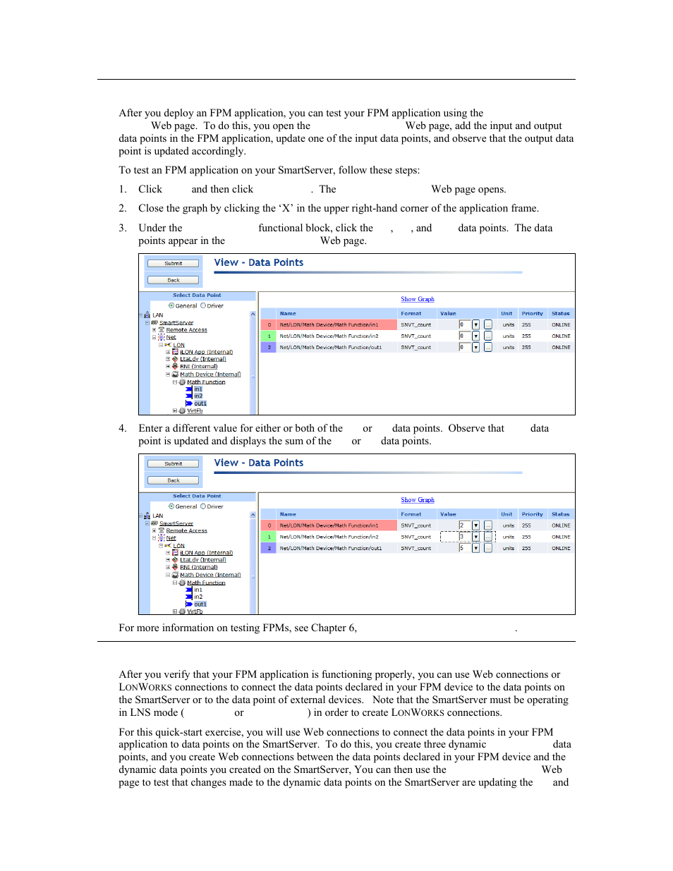 Step 6: testing the fpm application, Step 7: connecting the fpm data points | Echelon i.LON SmartServer 2.0 User Manual | Page 31 / 266