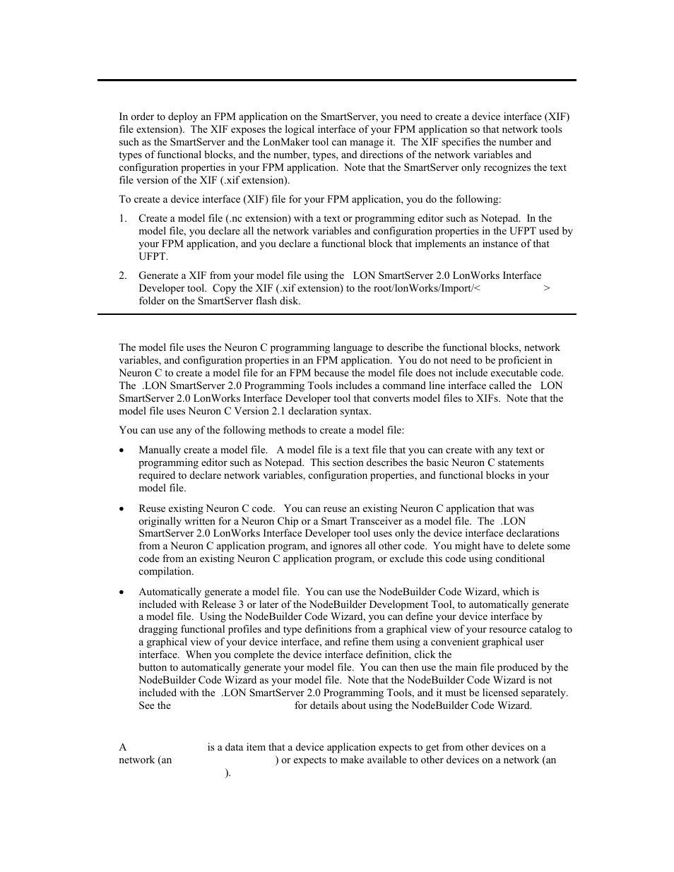 Creating fpm device interface (xif) files overview, Creating a model file, Declaring network variables | Echelon i.LON SmartServer 2.0 User Manual | Page 70 / 266