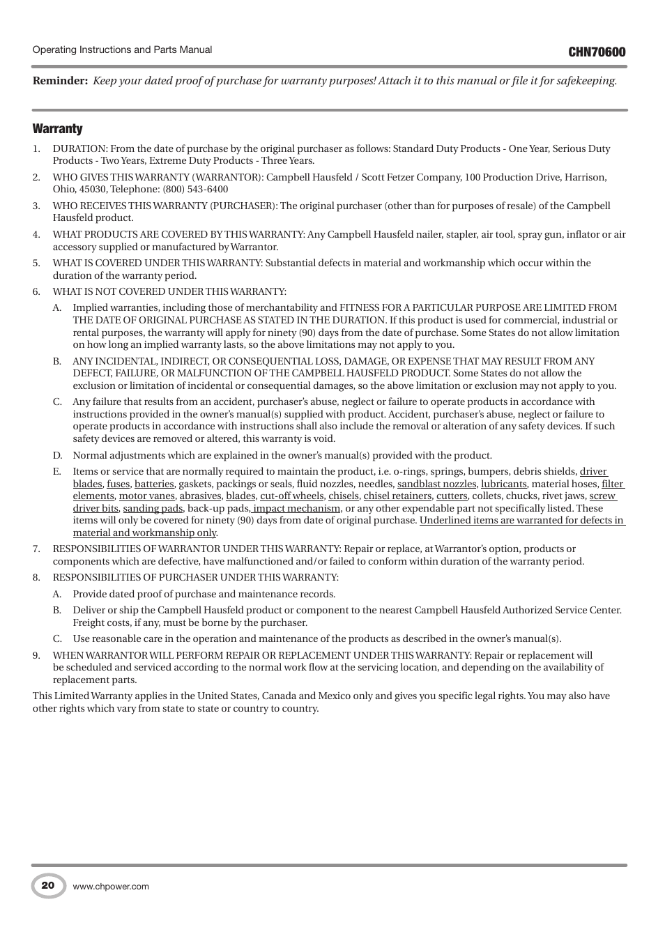 Warranty | Campbell Hausfeld IN727501AV User Manual | Page 20 / 60