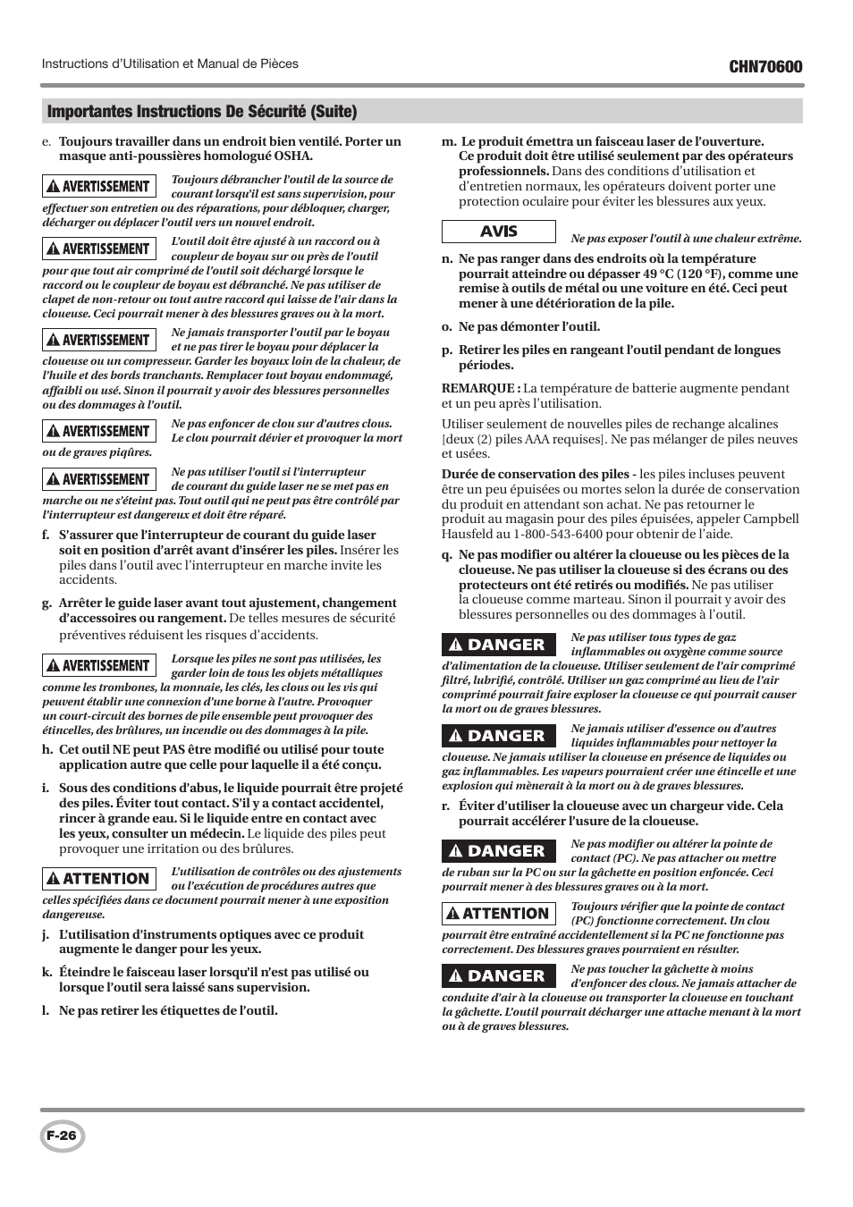 Importantes instructions de sécurité (suite) | Campbell Hausfeld IN727501AV User Manual | Page 26 / 60