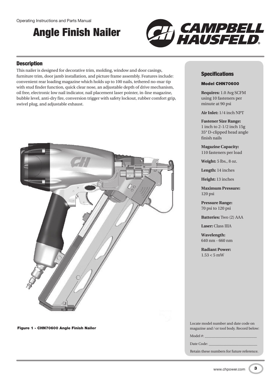 Angle finish nailer, Description, Specifications | Campbell Hausfeld IN727501AV User Manual | Page 3 / 60