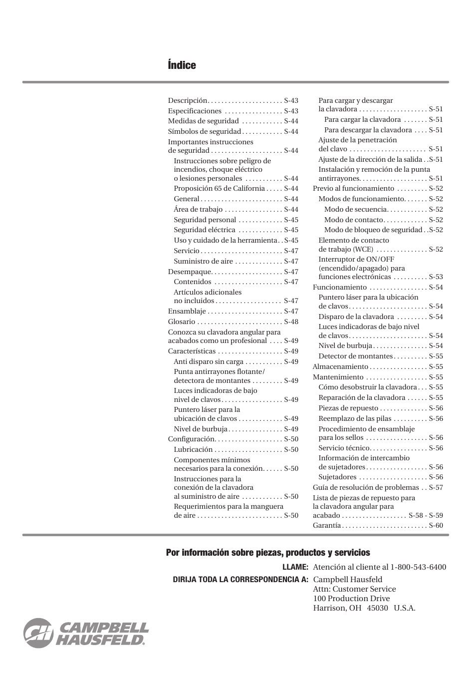 Índice | Campbell Hausfeld IN727501AV User Manual | Page 42 / 60
