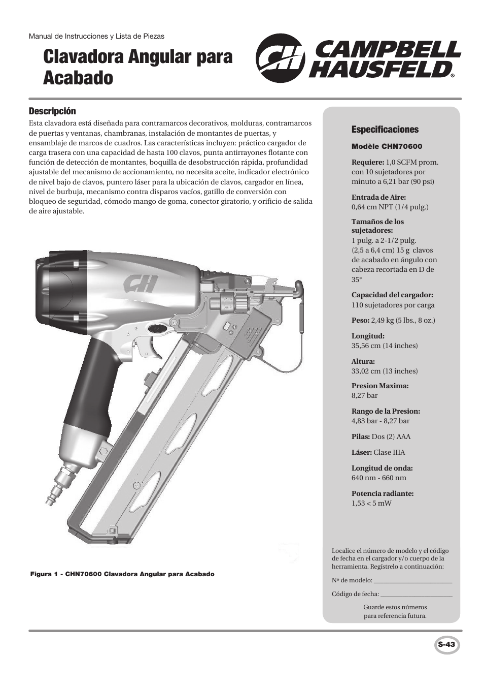 Clavadora angular para acabado | Campbell Hausfeld IN727501AV User Manual | Page 43 / 60