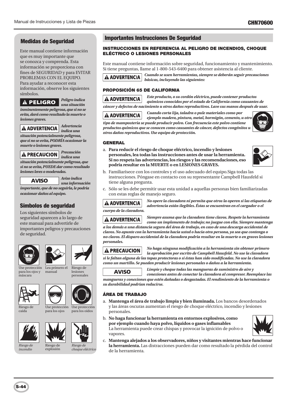 Importantes instrucciones de seguridad, Medidas de seguridad, Símbolos de seguridad | Campbell Hausfeld IN727501AV User Manual | Page 44 / 60