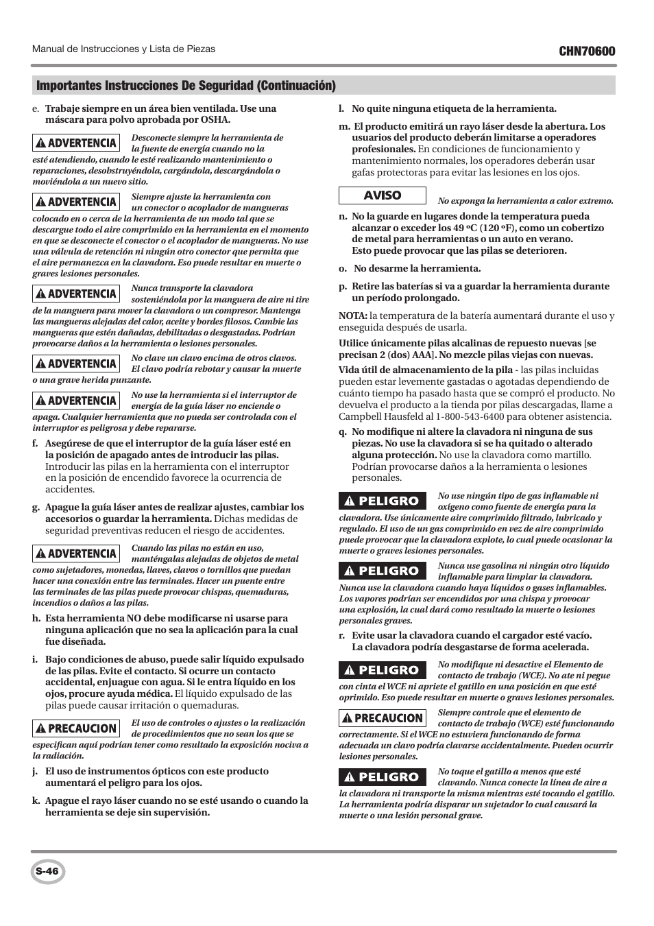 Campbell Hausfeld IN727501AV User Manual | Page 46 / 60