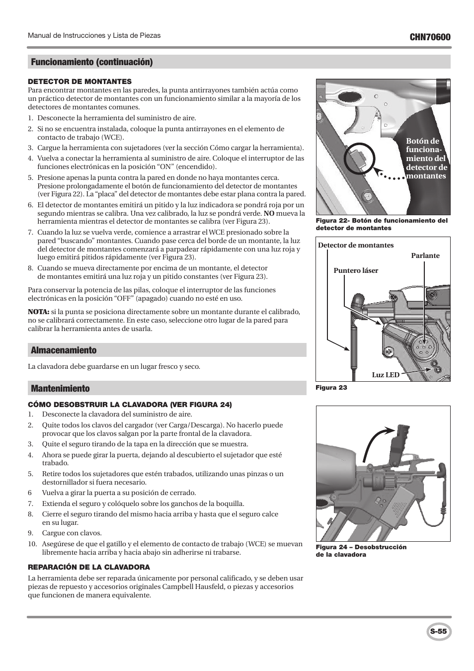 Almacenamiento, Mantenimiento, Funcionamiento (continuación) | Campbell Hausfeld IN727501AV User Manual | Page 55 / 60