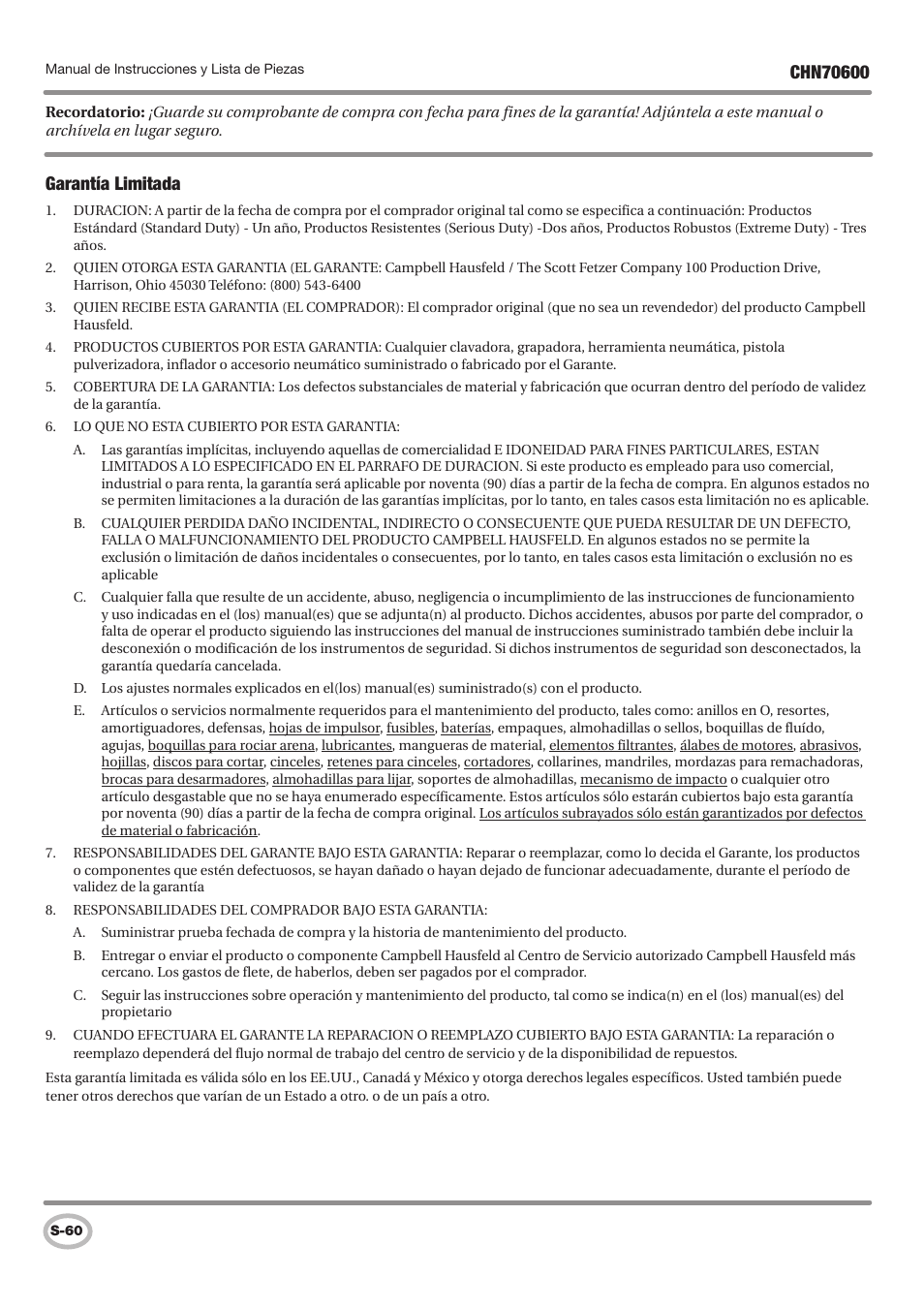 Garantía limitada | Campbell Hausfeld IN727501AV User Manual | Page 60 / 60