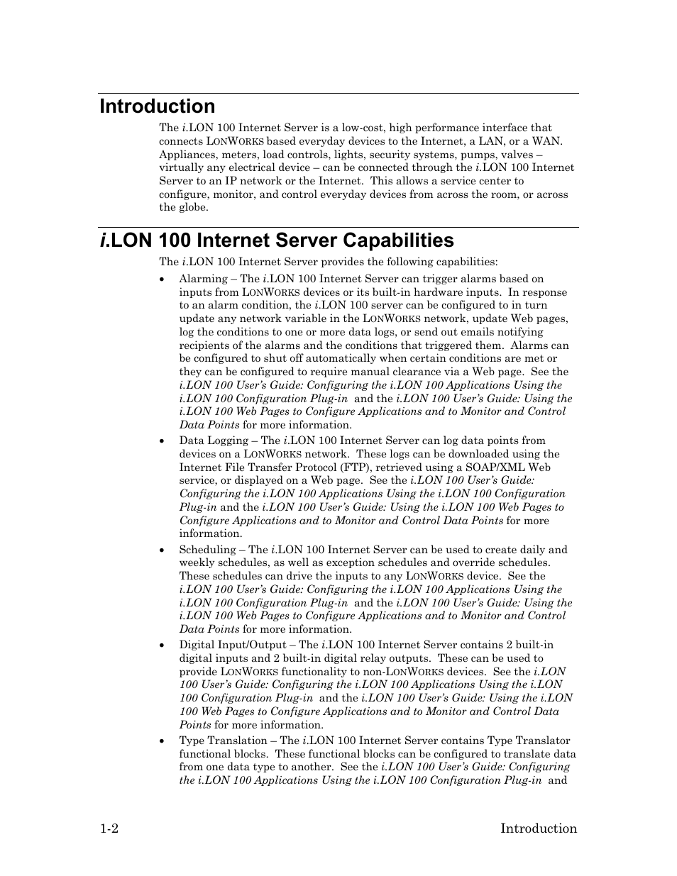 Introduction, I.lon 100 internet server capabilities, Introduction -2 | I .lon 100 internet server capabilities -2, I .lon 100 internet server capabilities | Echelon i.LON 100 e2 Internet Server User Manual | Page 10 / 96