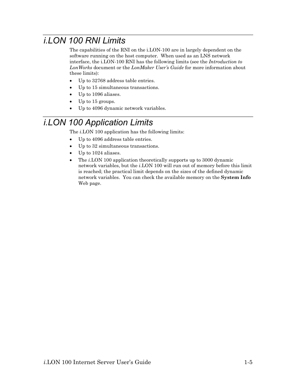 I.lon 100 rni limits, I.lon 100 application limits, I.lon 100 rni limits -5 | I.lon 100 application limits -5 | Echelon i.LON 100 e2 Internet Server User Manual | Page 13 / 96