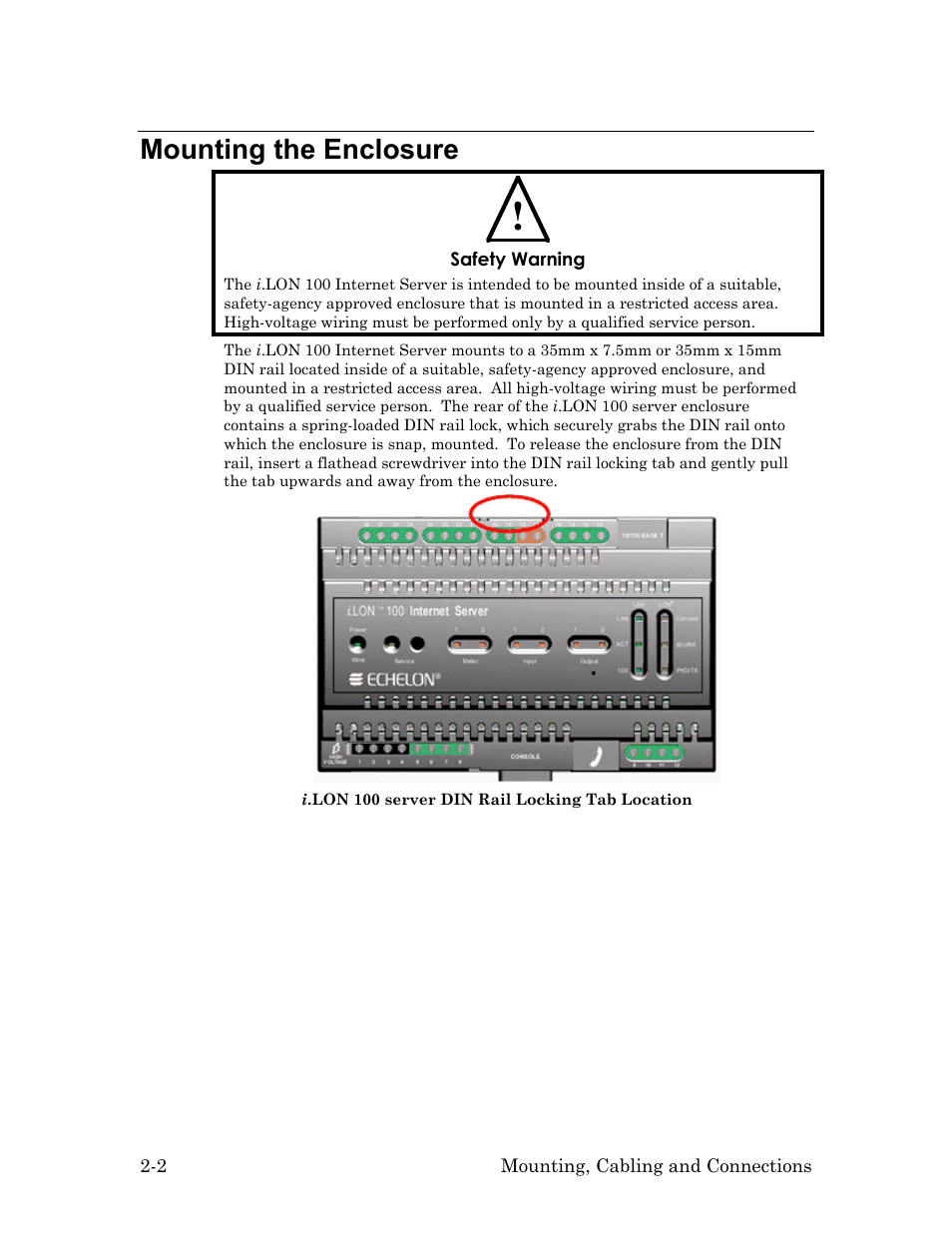 Mounting the enclosure, Mounting the enclosure -2 | Echelon i.LON 100 e2 Internet Server User Manual | Page 16 / 96