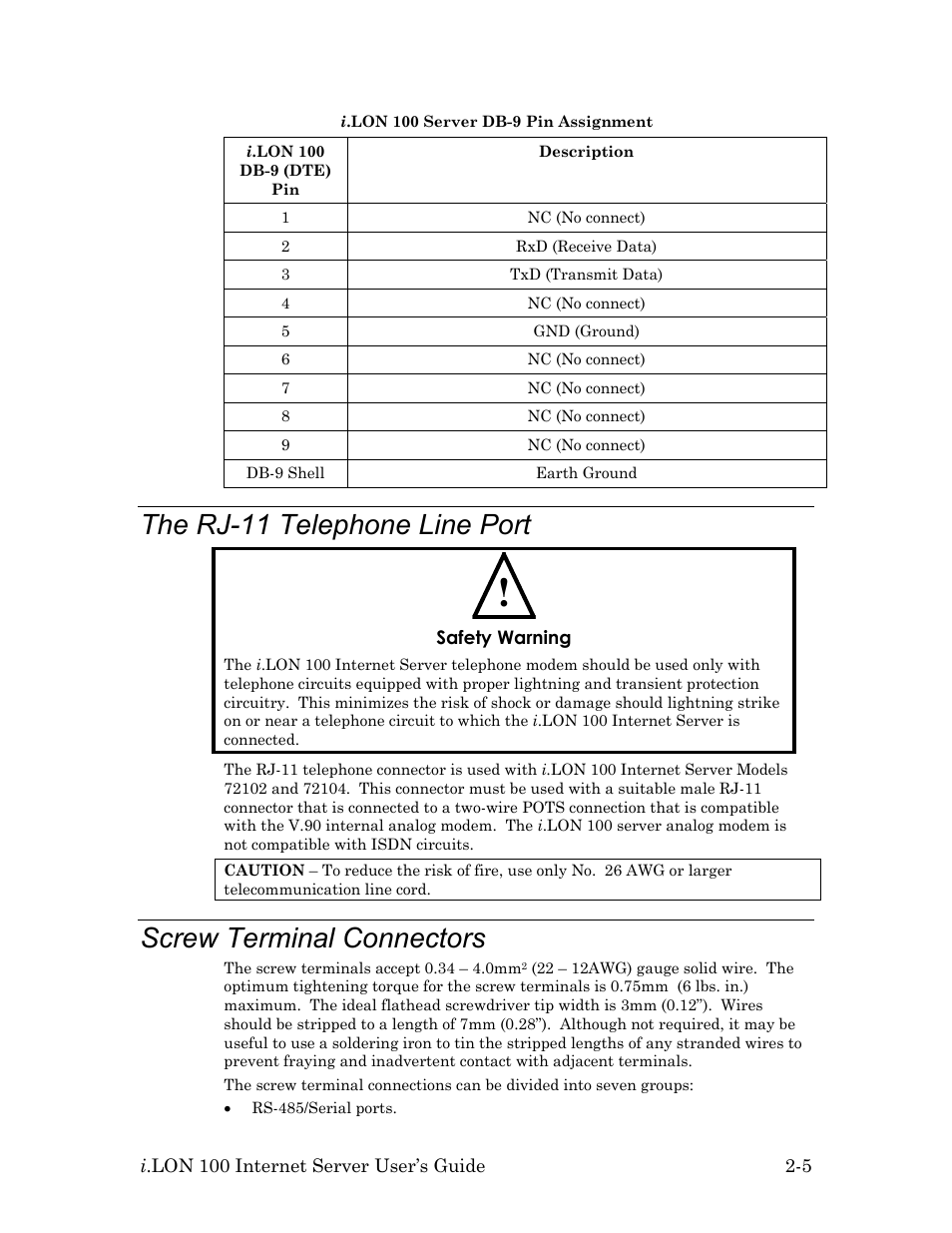 The rj-11 telephone line port, Screw terminal connectors, The rj-11 telephone line port -5 | Screw terminal connectors -5 | Echelon i.LON 100 e2 Internet Server User Manual | Page 19 / 96