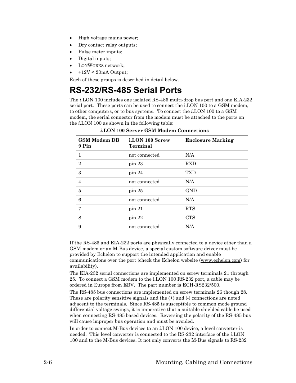 Rs-232/rs-485 serial ports, Rs-232/rs-485 serial ports -6 | Echelon i.LON 100 e2 Internet Server User Manual | Page 20 / 96
