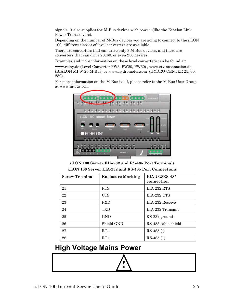 High voltage mains power, High voltage mains power -7 | Echelon i.LON 100 e2 Internet Server User Manual | Page 21 / 96