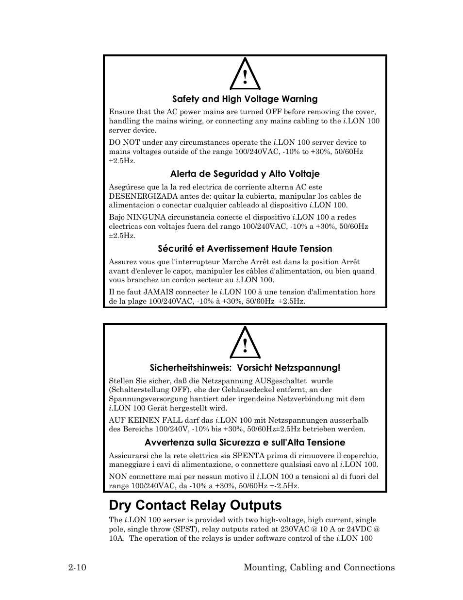 Dry contact relay outputs, Dry contact relay outputs -10 | Echelon i.LON 100 e2 Internet Server User Manual | Page 24 / 96