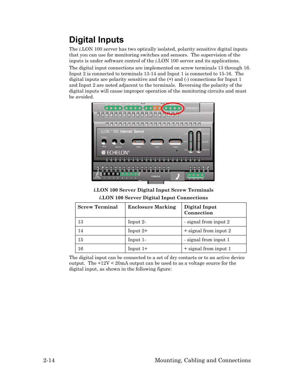 Digital inputs, Digital inputs -14 | Echelon i.LON 100 e2 Internet Server User Manual | Page 28 / 96