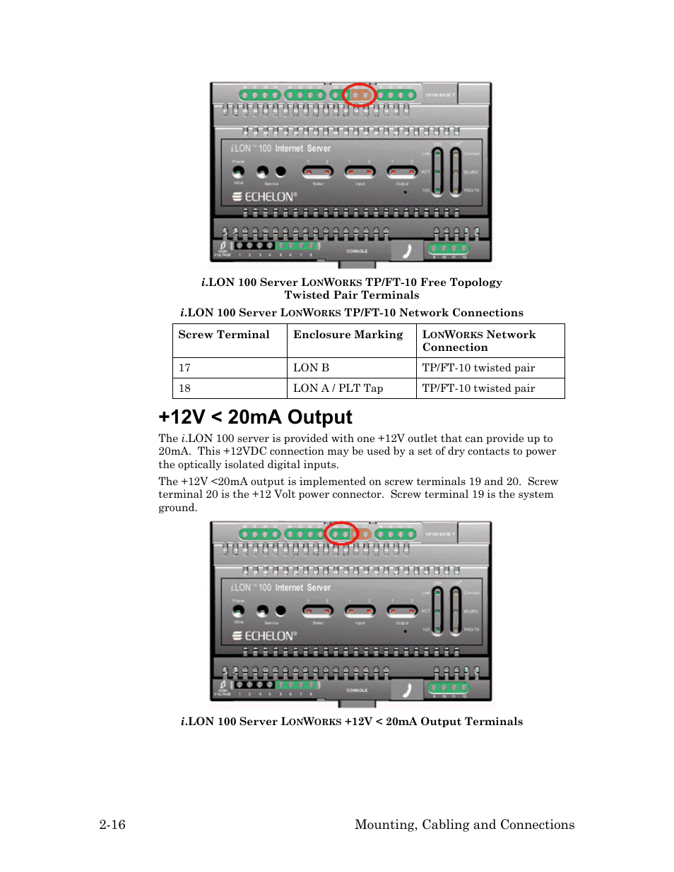 12v < 20ma output, 12v < 20ma output -16 | Echelon i.LON 100 e2 Internet Server User Manual | Page 30 / 96