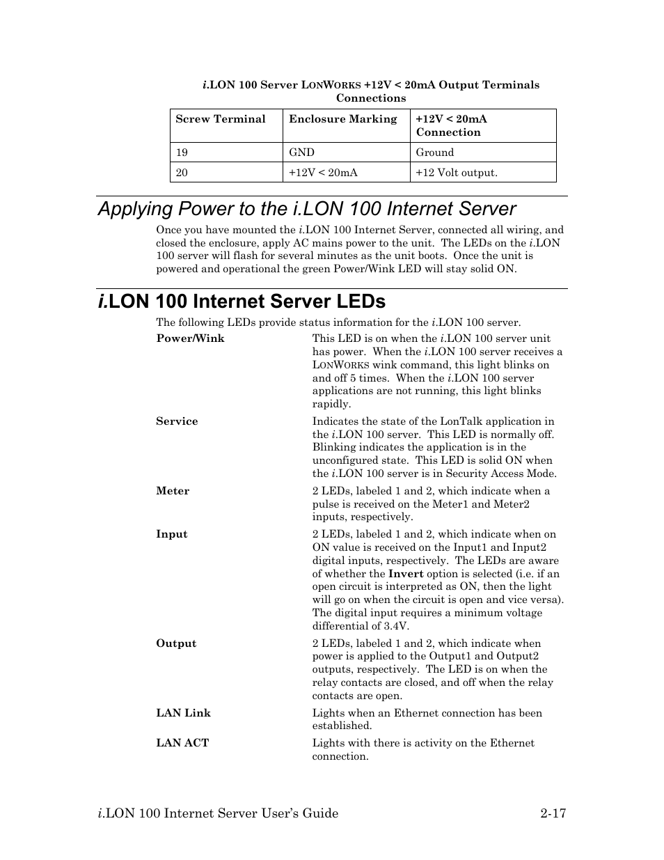 Applying power to the i.lon 100 internet server, I.lon 100 internet server leds, I. lon 100 internet server leds -17 | I. lon 100 internet server leds | Echelon i.LON 100 e2 Internet Server User Manual | Page 31 / 96