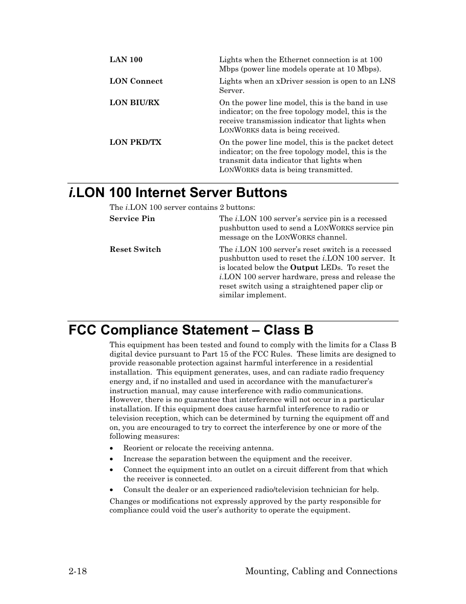 I.lon 100 internet server buttons, Fcc compliance statement – class b, I. lon 100 internet server buttons -18 | Fcc compliance statement – class b -18, I. lon 100 internet server buttons | Echelon i.LON 100 e2 Internet Server User Manual | Page 32 / 96