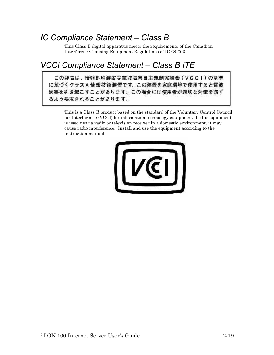 Ic compliance statement – class b, Vcci compliance statement – class b ite, Ic compliance statement – class b -19 | Vcci compliance statement – class b ite -19 | Echelon i.LON 100 e2 Internet Server User Manual | Page 33 / 96