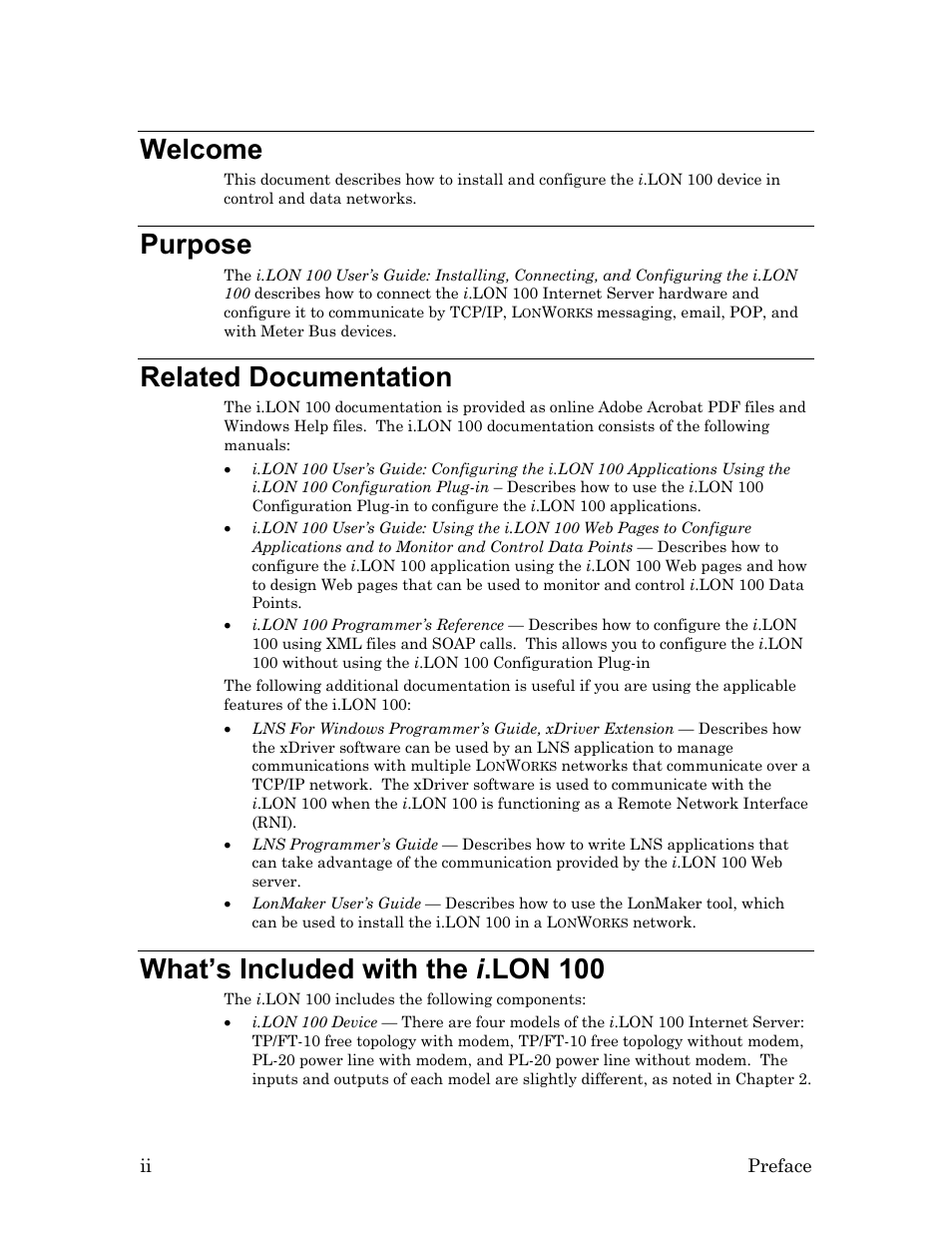 Welcome, Purpose, Related documentation | What’s included with the i.lon 100, What’s included with the i .lon 100 | Echelon i.LON 100 e2 Internet Server User Manual | Page 4 / 96