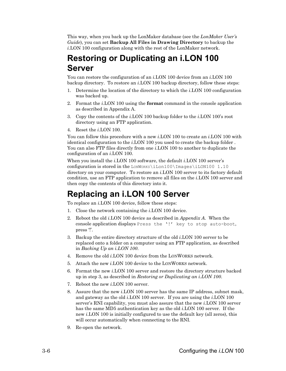 Restoring or duplicating an i.lon 100 server, Replacing an i.lon 100 server, Restoring or duplicating an i.lon 100 server -6 | Replacing an i.lon 100 server -6 | Echelon i.LON 100 e2 Internet Server User Manual | Page 40 / 96