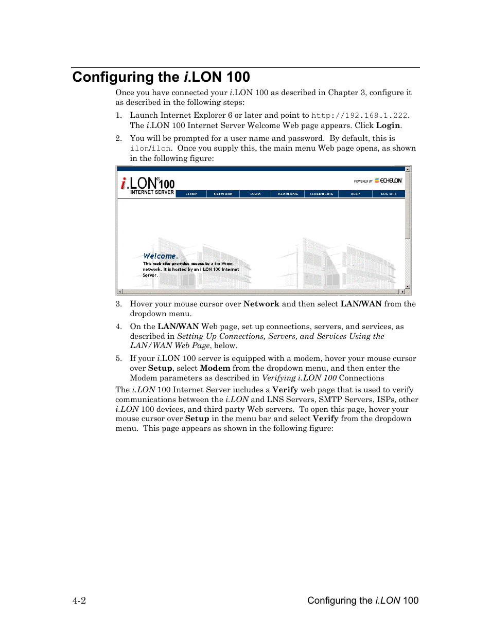 Configuring the i.lon 100, Configuring the i .lon 100 -2, Configuring the i .lon 100 | Echelon i.LON 100 e2 Internet Server User Manual | Page 44 / 96