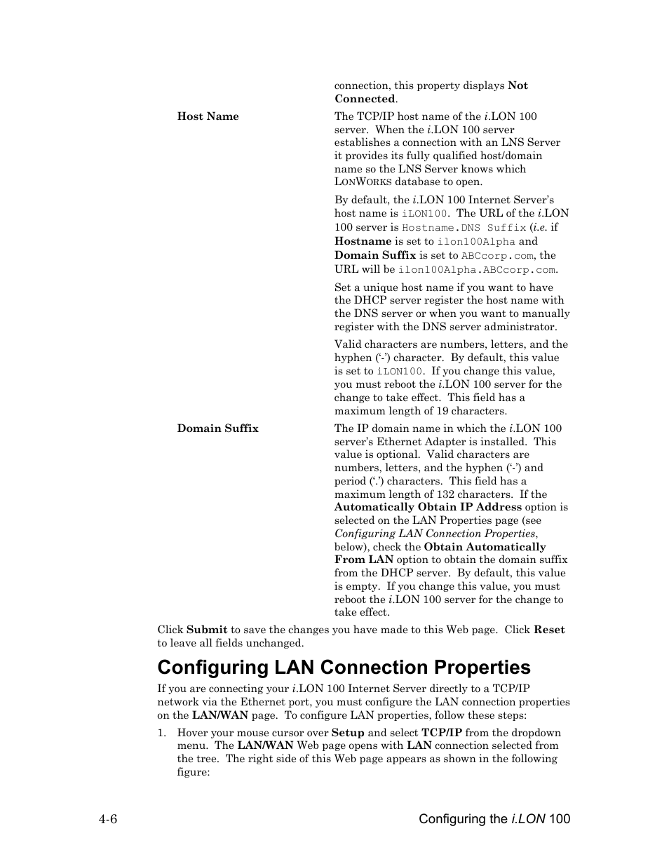 Configuring lan connection properties, Configuring lan connection properties -6, Configuring lan connection properties , be | Configuring lan connection, Properties , be | Echelon i.LON 100 e2 Internet Server User Manual | Page 48 / 96