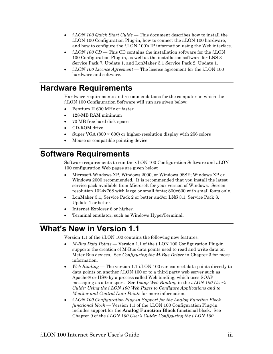 Hardware requirements, Software requirements, What’s new in version 1.1 | Echelon i.LON 100 e2 Internet Server User Manual | Page 5 / 96
