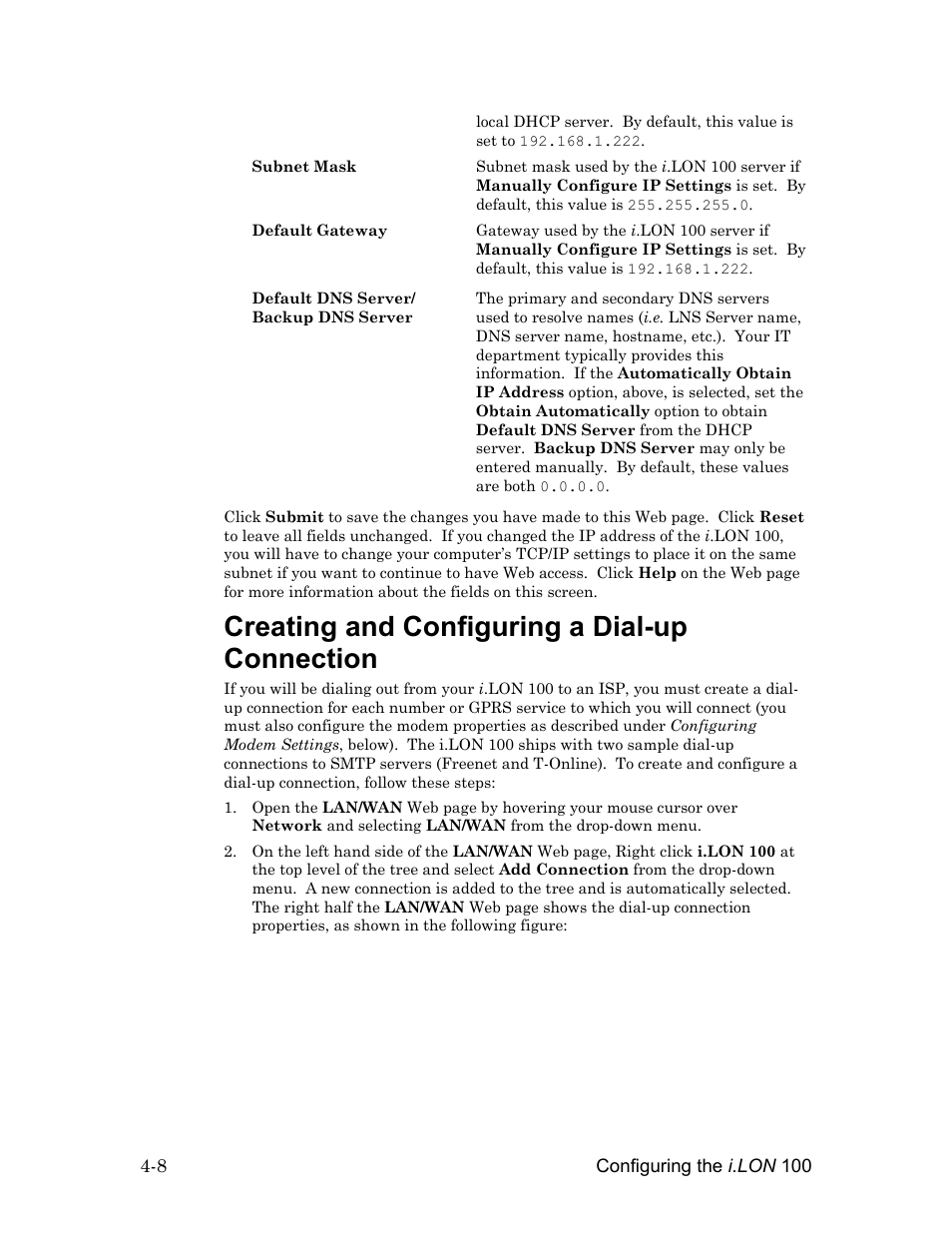 Creating and configuring a dial-up connection, Creating and configuring a dial-up connection -8, E creating and | Configuring a dial-up connection be | Echelon i.LON 100 e2 Internet Server User Manual | Page 50 / 96