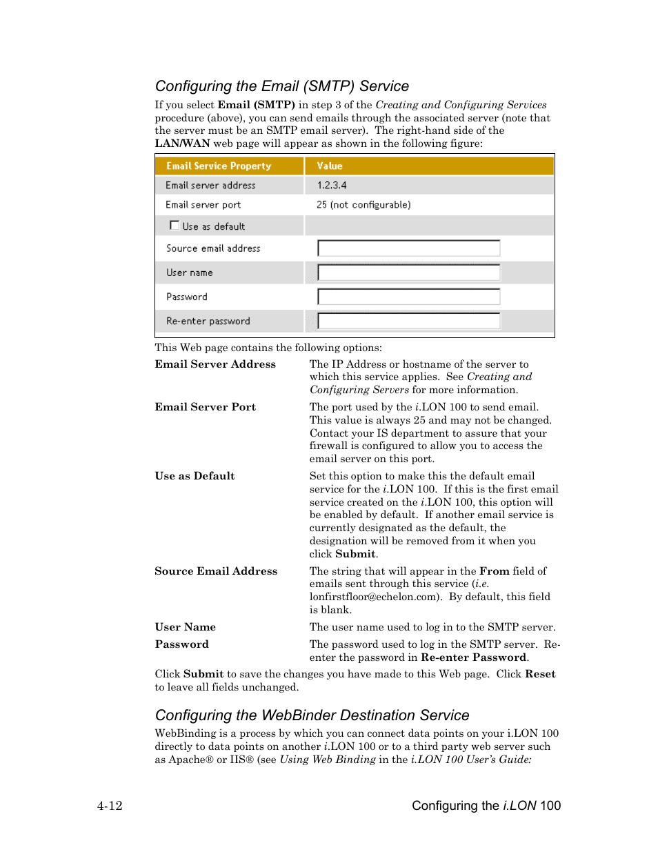 See configuring the email (smtp) service , belo, Configuring the email (smtp) service, Configuring the webbinder destination service | Echelon i.LON 100 e2 Internet Server User Manual | Page 54 / 96