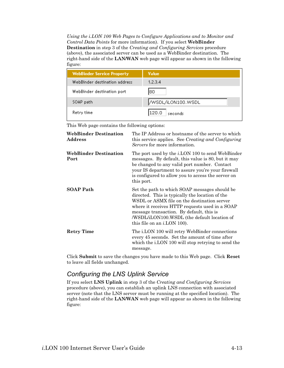 See configuring the lns uplink service , be, Configuring the lns uplink service | Echelon i.LON 100 e2 Internet Server User Manual | Page 55 / 96