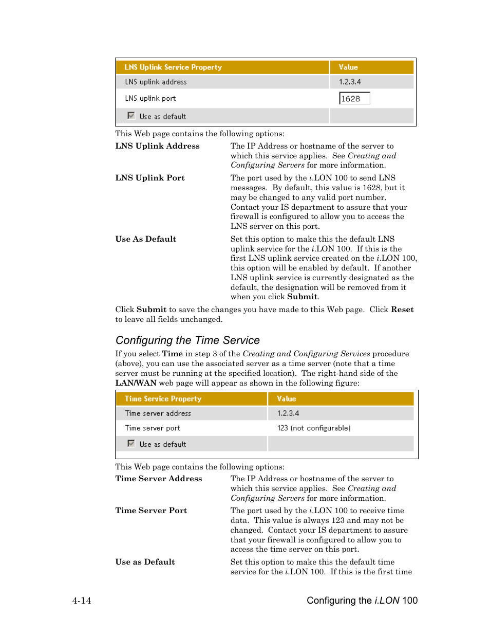 See configuring the time service , below, for more, Configuring the time service | Echelon i.LON 100 e2 Internet Server User Manual | Page 56 / 96