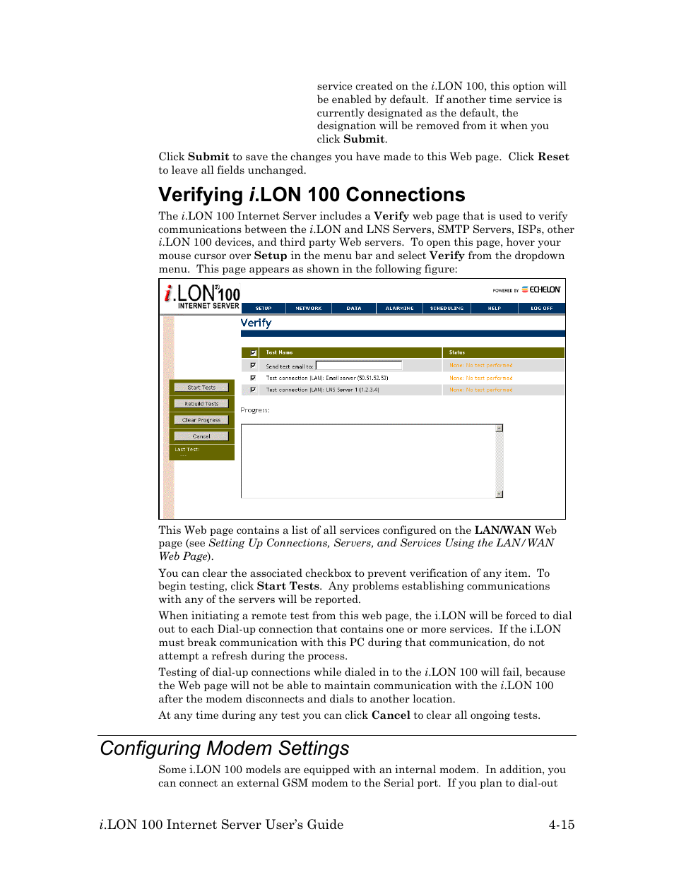 Verifying i.lon 100 connections, Configuring modem settings, Verifying i .lon 100 connections -15 | Configuring modem settings -15, Configuring modem settings, bel, Configuring modem settings , belo, Verifying i .lon 100 connections | Echelon i.LON 100 e2 Internet Server User Manual | Page 57 / 96