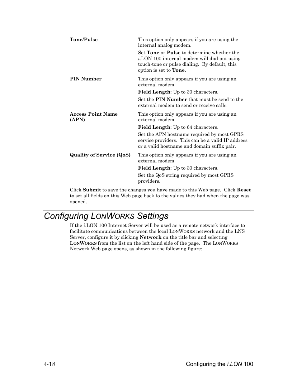 Configuring lonworks settings, Configuring l, Orks | Settings -18, D in configuring l, Settings , belo, Settings | Echelon i.LON 100 e2 Internet Server User Manual | Page 60 / 96