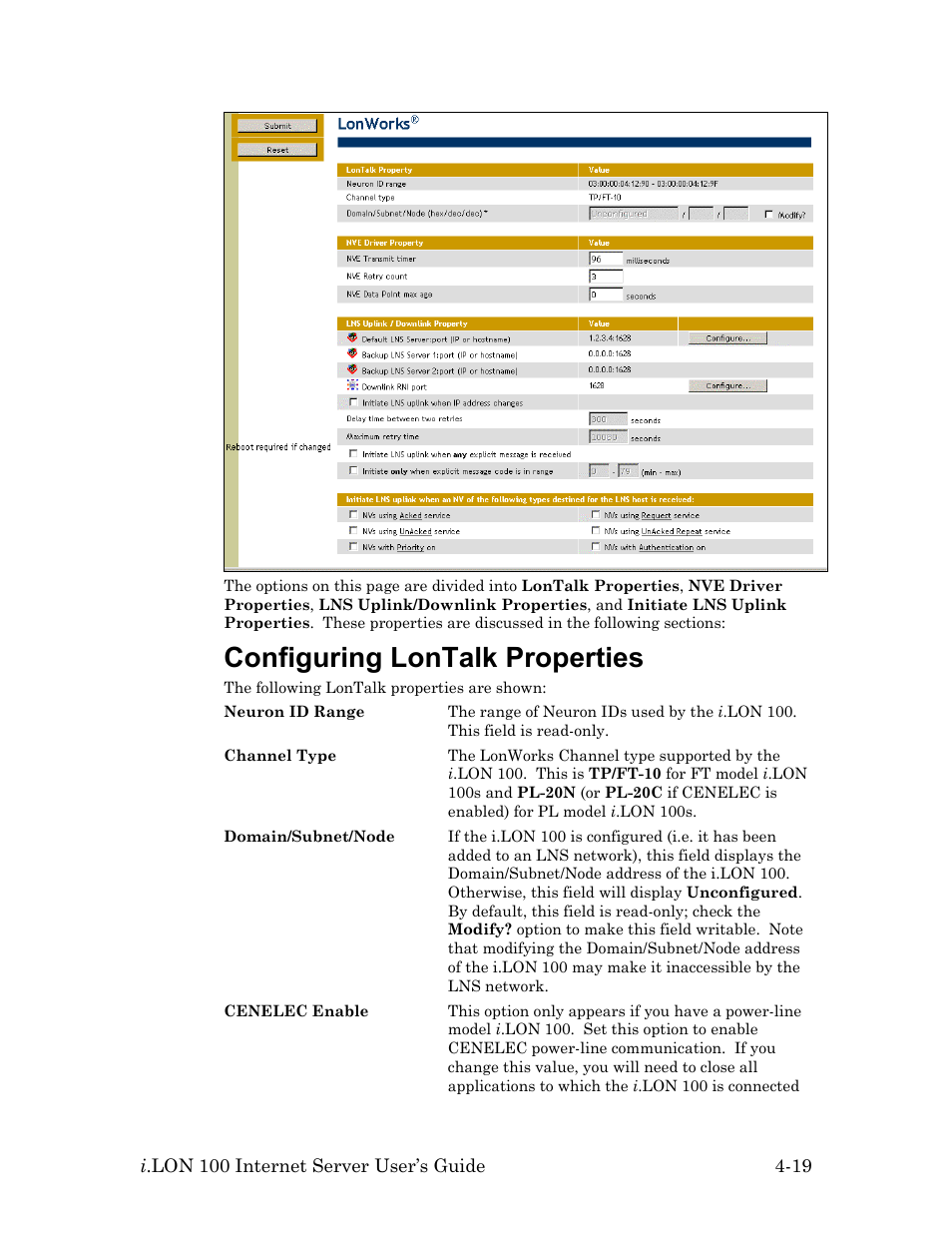 Configuring lontalk properties, Configuring lontalk properties -19 | Echelon i.LON 100 e2 Internet Server User Manual | Page 61 / 96