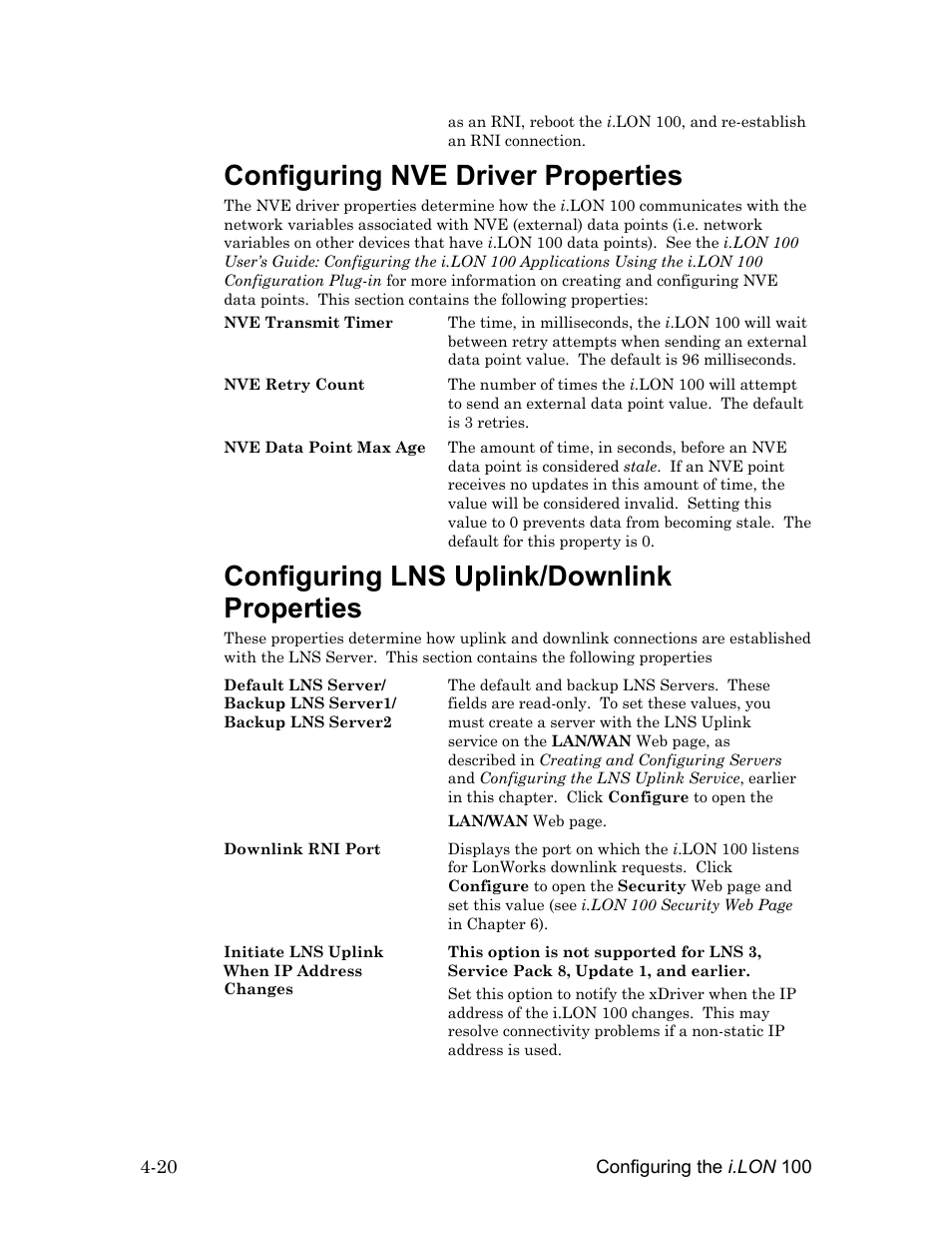Configuring nve driver properties, Configuring lns uplink/downlink properties, Configuring nve driver properties -20 | Configuring lns uplink/downlink properties -20 | Echelon i.LON 100 e2 Internet Server User Manual | Page 62 / 96