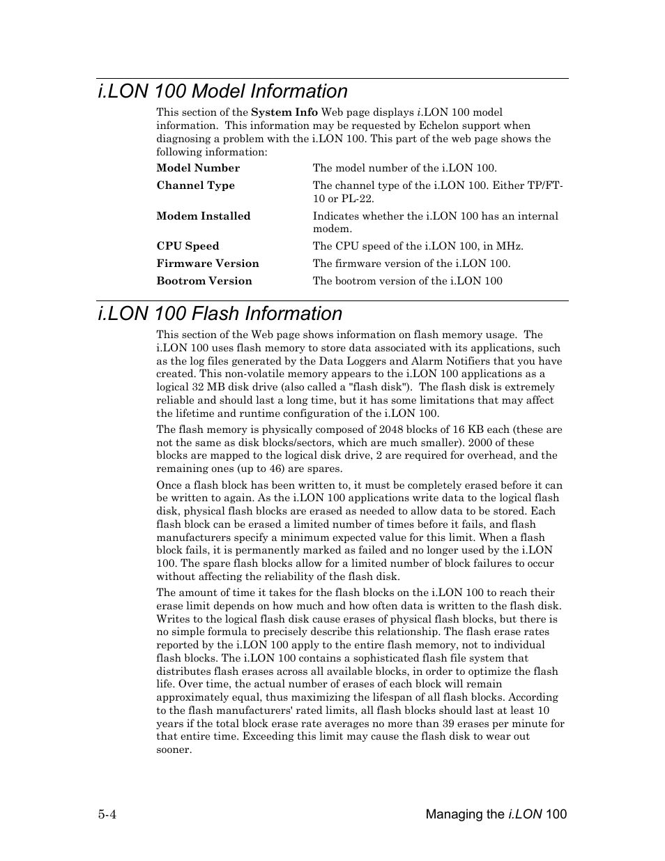 I.lon 100 model information, I.lon 100 flash information, I.lon 100 model information -4 | I.lon 100 flash information -4 | Echelon i.LON 100 e2 Internet Server User Manual | Page 70 / 96
