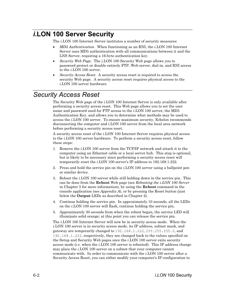 I.lon 100 server security, Security access reset, I .lon 100 server security -2 | Security access reset -2, Described in security access reset i, I .lon 100 server security | Echelon i.LON 100 e2 Internet Server User Manual | Page 74 / 96