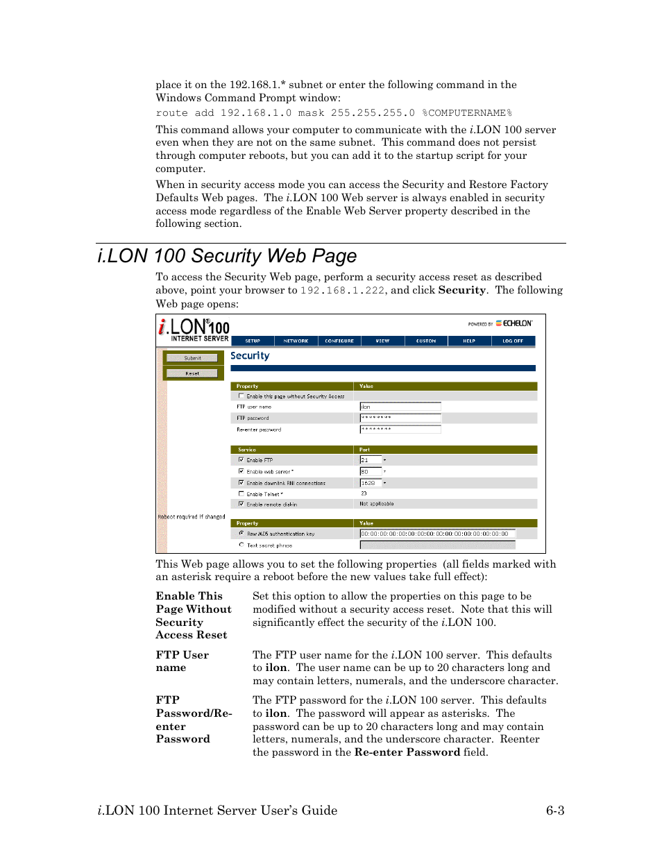 I.lon 100 security web page | Echelon i.LON 100 e2 Internet Server User Manual | Page 75 / 96