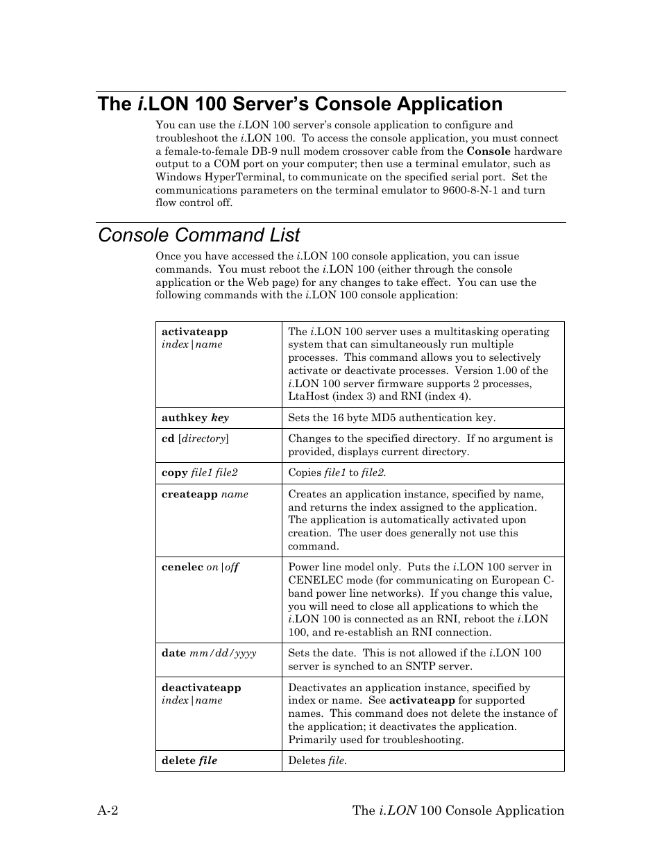 The i.lon 100 server’s console application, Console command list, The i .lon 100 server’s console application | Echelon i.LON 100 e2 Internet Server User Manual | Page 86 / 96