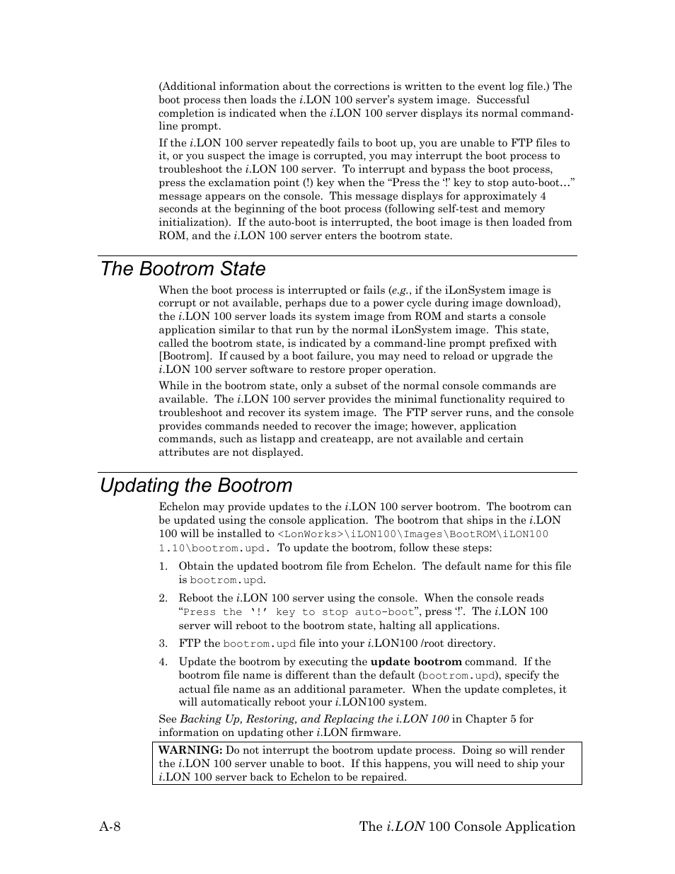 The bootrom state, Updating the bootrom | Echelon i.LON 100 e2 Internet Server User Manual | Page 92 / 96