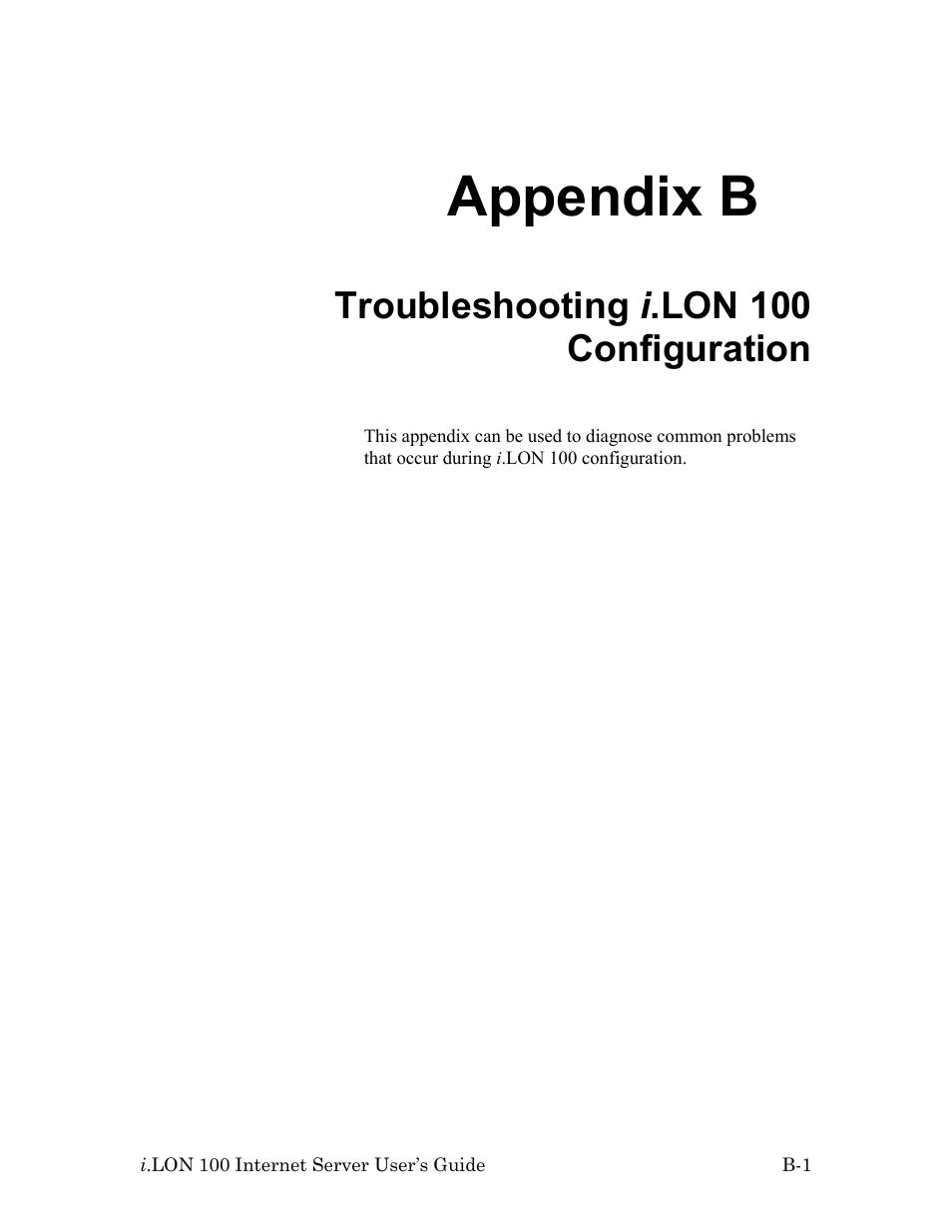 Troubleshooting i.lon 100 configuration, B troubleshooting i .lon 100 configuration, Appendix b | Troubleshooting i .lon 100 configuration | Echelon i.LON 100 e2 Internet Server User Manual | Page 93 / 96