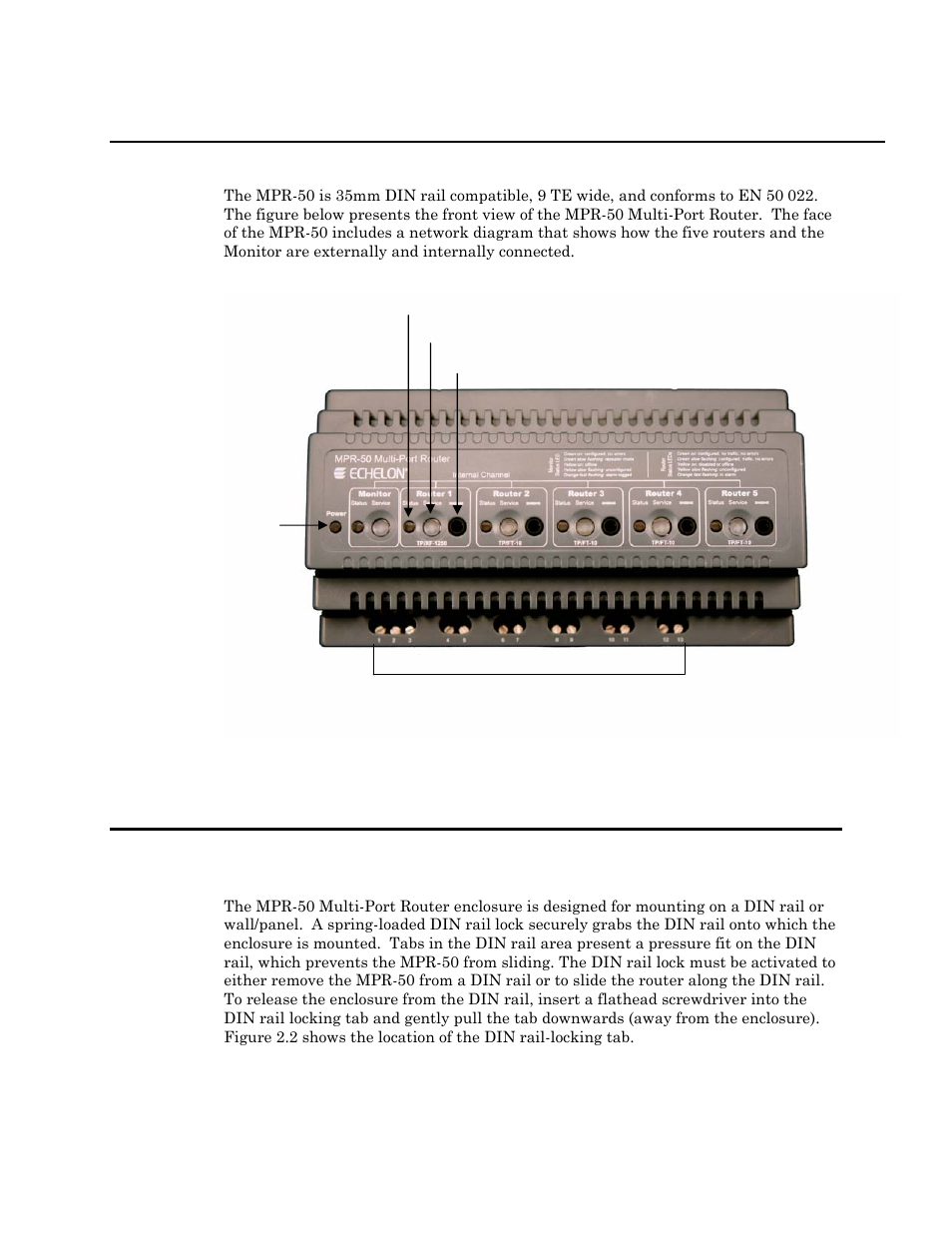Mechanical description, Mounting and connecting | Echelon MPR-50 Multi-Port Router User Manual | Page 12 / 51
