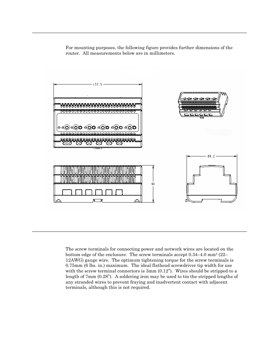 Mpr-50 multi-port router dimensions, Screw terminal connectors | Echelon MPR-50 Multi-Port Router User Manual | Page 14 / 51